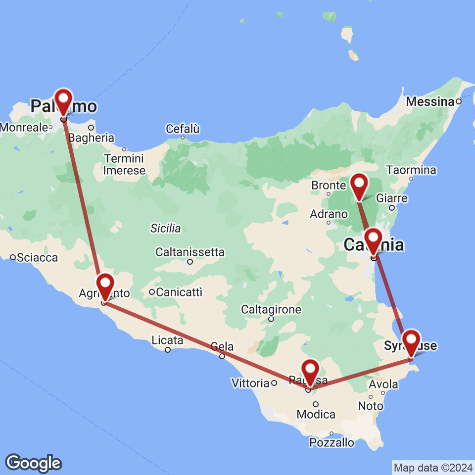 Route for Palermo, Agrigento, Ragusa, Siracusa, Etna, Catania tour